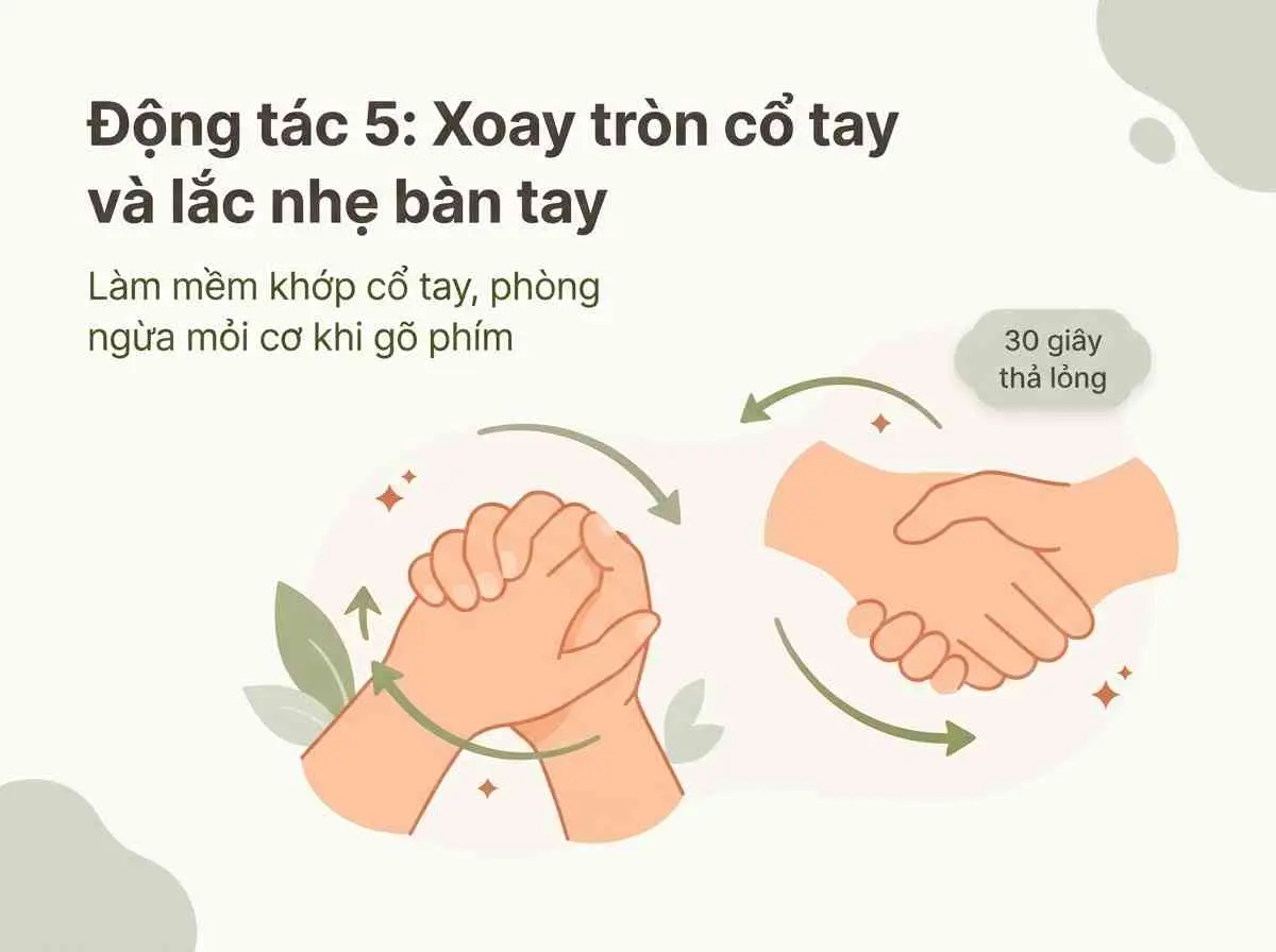 Động tác 5: Xoay tròn cổ tay và lắc nhẹ bàn tay